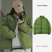 绿色羽绒棉服，女冬短款2022年小个子ins潮韩版宽松轻薄面包服
