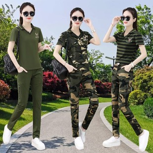 2022夏季迷彩翻领短袖T恤套装女军迷服运动休闲军绿色长裤两件套s