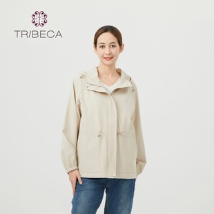 tribeca翠贝卡2024春季商场同款纯色收腰连帽中款风衣