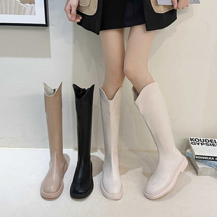 白色靴子女长筒靴粗腿2023春秋时尚，平底高筒骑士靴不过膝长靴