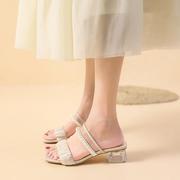 珍珠凉鞋女外穿中跟2023年夏季水晶透明粗跟丝绸网纱时尚潮鞋