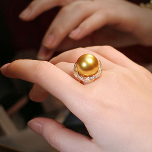 南洋正圆金色珍珠戒指银镀18k金戒托奢华指环，女无暇强光金珠戒子