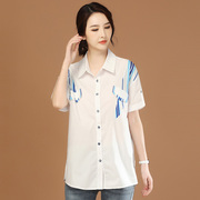 韩潮袭人高级感印花白色短袖，衬衣2024夏季女士，衬衫设计感小众