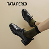 TATA PERKO联名真皮英伦学院风系带小皮鞋女黑色深口单鞋3.5cm
