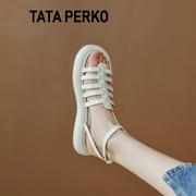 TATA PERKO联名女鞋红色厚底一字带松糕凉鞋女夏露趾软底罗马鞋