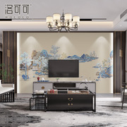 新中式电视墙壁纸客厅刺绣山水壁画背景墙布茶餐厅3d楼阁壁布墙纸