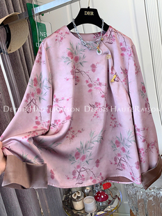 DHR 高级感超好看粉色吊坠盘扣花朵新中式衬衫上衣女装春季