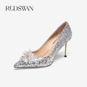 redswan红天鹅宴会闪钻尖头细高跟设计格，力特太空银水晶浅口单鞋
