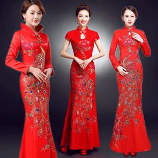 女礼仪迎宾走秀演出旗袍，2021年新春红色，喜庆婚宴短中长袖款连衣裙