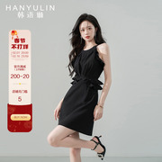 韩语琳黑色吊带连衣裙女夏季2023法式收腰显瘦气质设计感裙子