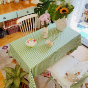 桌布轻奢高级感民宿氛围，感餐桌布田园风绿色，格子棉麻布料长方形布