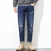 ABLE JEANS男士水洗做旧贴布修身弹力牛仔裤复古休闲小脚瘦腿长裤