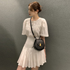 韩国chic夏季简约圆领褶皱感短袖衬衫+高腰显瘦荷叶边半身裙套装