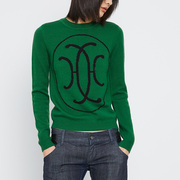 绒绒家高级感100%山羊绒，气质设计感绿色提花套头圆领毛衣针织衫