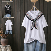 韩版夏装民族丝带宽松大码200斤棉质，白色打底衫薄款短袖t恤女上衣