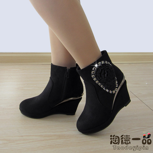 老北京布鞋 优雅闪耀水钻花簇侧拉链防水台坡跟女短靴 单靴子