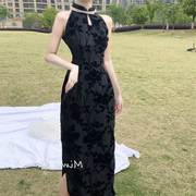 黑色珍珠领无袖改良旗袍，中长款修身连衣裙军阀，中国风优雅植绒夏季