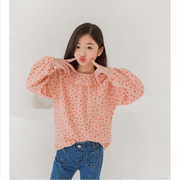 韩国童装春季女童长袖碎花，衬衫花边翻领上衣，中大童田园打底衫