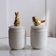 宠物纪念罐宠物骨灰盒，手工陶瓷骨灰坛罐，金色小兔子小鸟去世纪念品