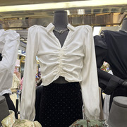 法式V领白色抽绳长袖衬衫女2023秋季设计感气质修身烫钻上衣