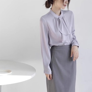 2024春秋法式紫色高级感长袖雪纺衬衫女立领，飘带职业通勤上衣
