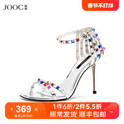 JOOC玖诗一字带凉鞋女夏季性感水钻铆钉欧美风高跟鞋6655