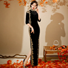 长款黑色金丝绒旗袍2024年中国风复古演出走秀气质连衣裙优雅