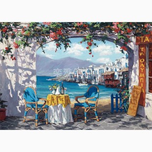 欧式风景DIY方钻满钻钻石画海边花园餐厅自己贴钻点钻印花十字绣