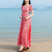 2023流行夏季韩版收腰显瘦夏天裙子格子雪纺，连衣裙女长款长裙