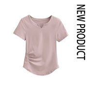 外贸2024夏季女装欧美风小V领纯色侧边褶皱饰运动休闲短袖T恤