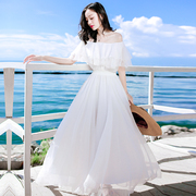 2023夏天一字肩白色红色裙子小个子雪纺连衣裙沙滩裙海边度假