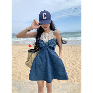 地球店王炸真两件套装，裙女蕾丝背心蝴蝶结a字，吊带牛仔连衣裙