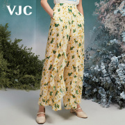 VJC/威杰思女装春夏阔腿长裤荷叶边复古减龄气质通勤时尚