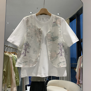 时尚套装女夏季韩版绣花甜美中式国风马夹，+t恤短袖圆领两件套