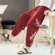 仙鹤刺绣亚麻裤子男中国风红色宽松九分裤夏季薄款束脚哈伦运动裤