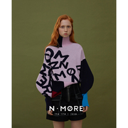 n·more设计师品牌，秋冬糖果粉色羊绒，logo提花拼色毛衣
