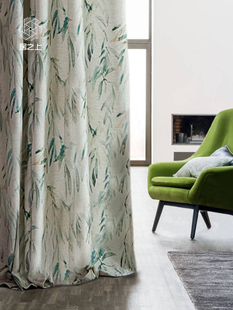 棉麻北欧窗帘布帘面料清新简约绿色柳叶植物叶子卧室客厅飘窗翠微