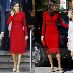高端定制西班牙王妃，同款修身红色连衣裙，女端庄优雅简约ol中长款秋