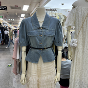 夏季韩版复古个性泡泡短袖韩国东大门Polo领单排扣牛仔衬衣女