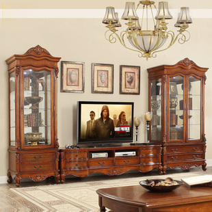 欧式实木电视柜奢华雕花客厅电视柜，高酒柜(高酒柜)组合美式家用复古地柜