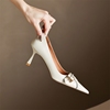高跟鞋女细跟2024年真皮法式设计感小众，气质白色浅口尖头单鞋