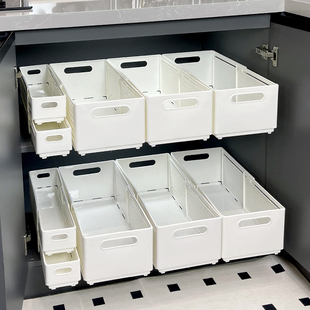 橱柜收纳盒抽屉式可伸缩桌面零食杂物厨房整理盒深柜直角储物盒子