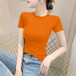 橙色纯棉半高领短袖T恤女2022年夏季紧身显瘦纯色小个子体恤
