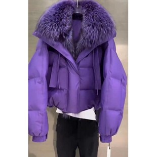 2023冬季韩版紫色，连帽毛领棉服，宽松显瘦外套
