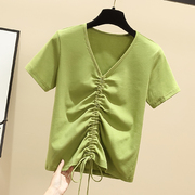 牛油果绿短袖t恤女2019夏装修身V领抹茶绿带抽绳露脐短款上衣