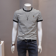 男士条纹短袖t恤衫2024年夏季欧货高端韩版修身青年百搭半袖上衣