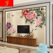 新中式电视背景墙壁纸客厅，沙发影视墙牡丹，花鸟墙纸3d墙布2022