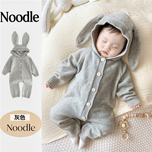 韩版秋季婴儿连体衣男女宝宝洋气可爱小熊耳朵兔耳朵连帽爬服