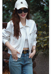 白色外套女短款网红春季2024年韩版翻领拉链休闲夹克上衣