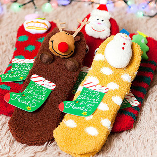圣诞袜珊瑚绒地板袜套女冬季加厚保暖居家睡觉室內月子可爱卡通袜